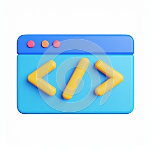 Coding symbol render with program window on light blue, on transparent background