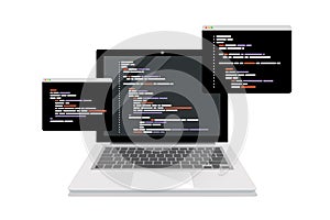 coding symbols and programming windows on laptop screen
