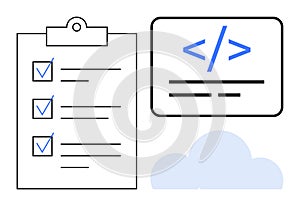 Coding and Task Management Concept with Checklist, Code Icon, and Cloud Symbol