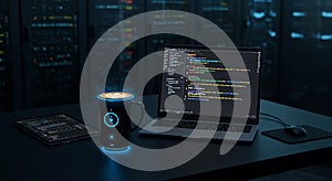 Coding Workspace with Coffee and Data Center Background