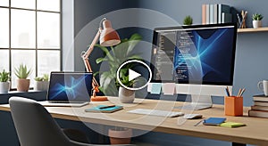 Coding Workspace Computer, Laptop, Desk, Home Office Setup