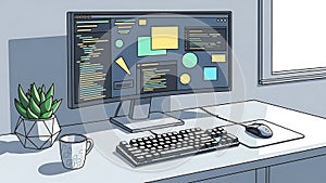 Coding Workspace Illustration Computer, Keyboard, and Plant