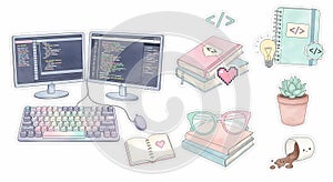 Coding workspace with monitors keyboard and books