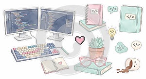 Coding workspace with monitors keyboard and plants