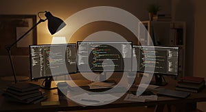 Coding Workspace with Multiple Monitors and Desk Lamp Software Development