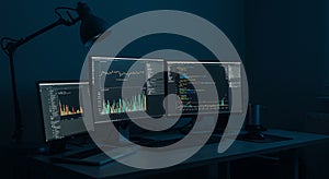 Coding Workspace with Multiple Monitors Displaying Programming Code and Statistics