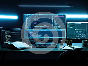 Coding Workspace with Multiple Screens at Night