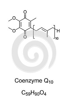 Coenzyme Q10, or also ubiquinone-10, chemical formula