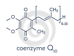 Coenzyme Q10 ubiquinone, ubidecarenone, CoQ10 molecule, chemical structure. Plays an essential role in the production of.