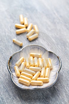 Coenzyme Q10 capsules. Dietary supplements.