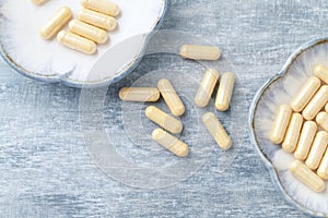 Coenzyme Q10 capsules. Dietary supplements.