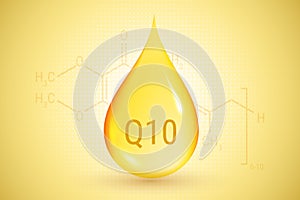 Coenzyme Q10. Gold drop of oil. Hyaluronic acid. Vector illustration.