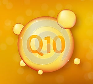 Coenzyme Q10. Gold vector oil icon. Enzyme drop pill capsule. Vector stock illustration.