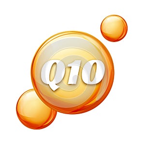 Coenzyme Q10. Golden vector oil icon. Treatment drop pill capsule. Q10 skin care wellness