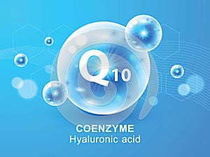 Coenzyme Q10. Hyaluronic acid. Enzyme drop pill capsule. Vitamin complex. Meds for heath, beauty ads