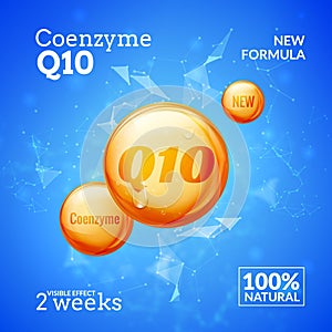 Coenzyme Q10. Supreme serum collagen oil drop vector design. Skin care essence droplet solution.