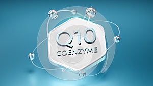 coenzyme q10 symbol on a hexagon with orbits, floating atoms and electrons, 3d image