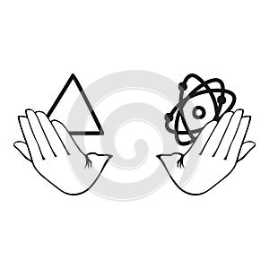 the coexistence of faith and science, represented by a hand holding a triangle symbolizing faith and another hand holding an atom