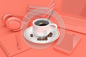 Cofee Cup with Coffee Beans Begirt by Mobile Phone, Books, Laptop, Notepad and Headphones in Pink Key. 3d Rendering