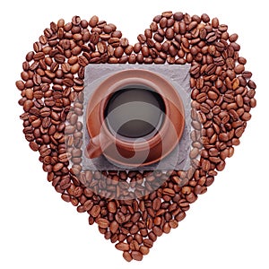 Coffe beans in the shape of a big heart, isolated on white background