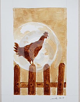 Coffe painting rooster shillouette and the moon