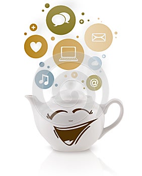 Coffe pot with social and media icons in colorful bubbles