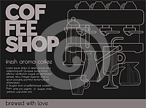 Coffe shop banner. Line vector illustration on dark background