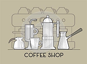 Coffe shop banner. Line vector illustration on gray background