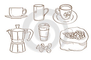 Coffee accessories sketch drawing vector - Free hand drawing