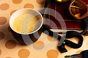 Coffee and accessories on a table top view