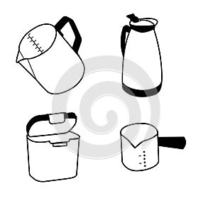 Coffee Accessories and Tools Vector Set: Milk Frothing Pitcher, Thermal Coffee Server, Coffee Storag & Espresso Measuring Cup