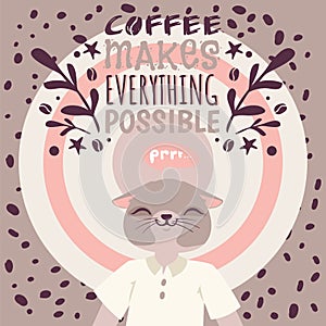 Coffee addiction banner vector illustration. Coffee makes everything possible. Cute cartoon character who loves hot