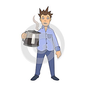 Coffee addiction. Edgy guy clutching onto coffee pot. Vector illustration. Isolated on white background.