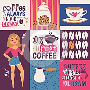 Coffee addiction vector illustration. Cute cartoon female coffee lover with a cup of drink. Coffee is always a good idea