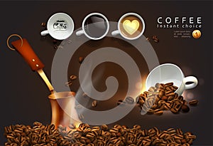 Coffee advertising design. Coffee beans,  cups of coffee and coffee pot. 3D vector. High detailed realistic illustration
