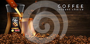 Coffee advertising design. Coffee jar, pot and coffee beans on a wooden background. 3D vector. High detailed realistic