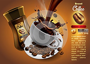 Coffee advertising design with cup of coffee and splash effect,