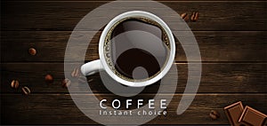 Coffee advertising design.White porcelain cup with coffee  on a wooden background. High detailed realistic illustration