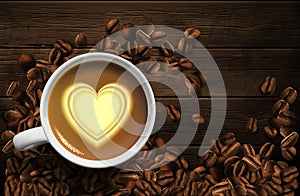 Coffee advertising design.White porcelain cup with coffee and a yellow heart in the middle. High detailed realistic illustration