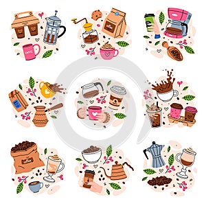 Coffee Aromatic Drink in Cup and Mug Vector Composition Set