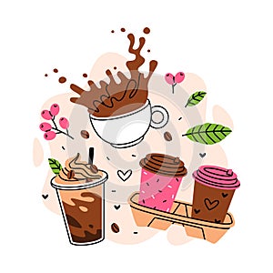 Coffee Aromatic Drink with Cup and Splash Vector Composition