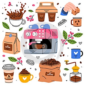 Coffee Aromatic Drink with Machine, Bean Sack, Cup and Grinder Vector Set