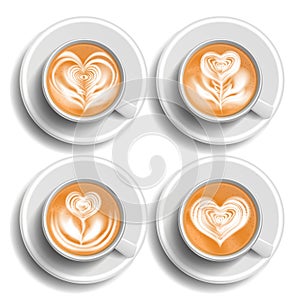 Coffee Art Cup Set Vector. Herat. Top View. Hot Cappuchino Coffee. Fast Food Cup Beverage. White Mug. Realistic Isolated