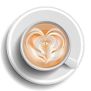 Coffee Art Cup Vector. Top View. Heart. Hot Cappuchino Coffee. White Mug. Illustration