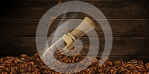 Coffee background. Coffee beans and transparent smoke. 3D vector. High detailed realistic illustration