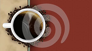 Coffee background with cup, steam and coffee beans. Vector design.