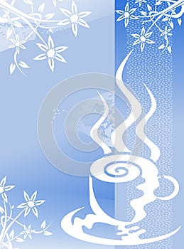Coffee background with floral fantasy in blue tones