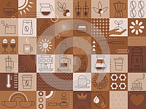 Coffee background. Set of coffee signs, icons, symbols for menu design. Cappuccino, americano, espresso, mocha, latte. Various