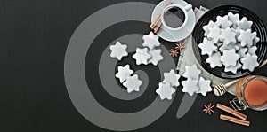 Coffee background with space for text, cup for espresso coffee, coffee advertising idea.Flat lay top view. Gingerbread
