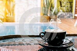 Coffee background, top view with copy space. background, cup of coffee and a smoke good morning, Hot coffee and spoon, Selective f